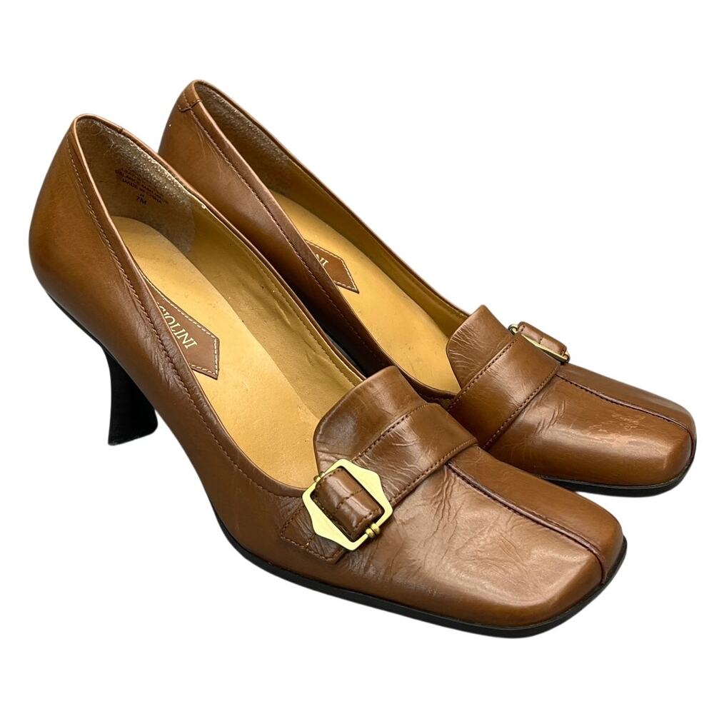 Enzo Angiolini Y2K Brown Leather Gold Buckle Square Toe Kitten Heel Women 7M